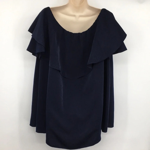 MLM Blouse Womens Small Navy Off The Shoulder Short Sleeve Top Silky Ruffle - Picture 5 of 13